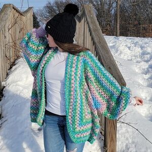 Handmade Heavy Oversized Hexagon Crochet Cardigan | Adult | Color: Balance